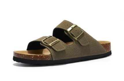 Men Cork Slipper Casual Beach Double Buckle Dark Green