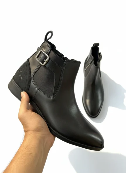 Leather Buckle Ankle Boot - Black